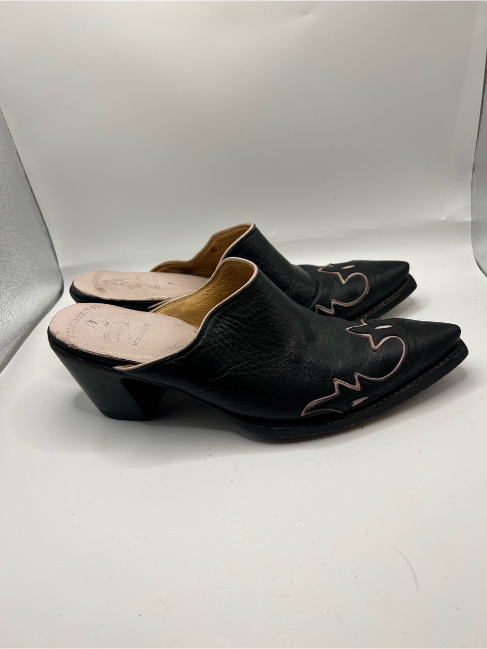 Old Gringo Black Leather Pointed Mules with Pink Trim